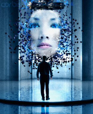 Man looking at hologram of young woman's face